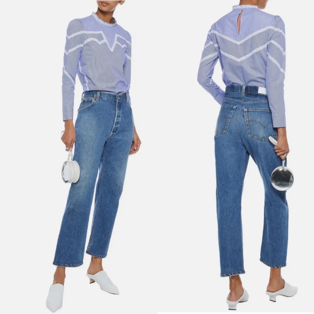 SANDRO SUZAN LACE-INSET COTTON TOP IN BLUE